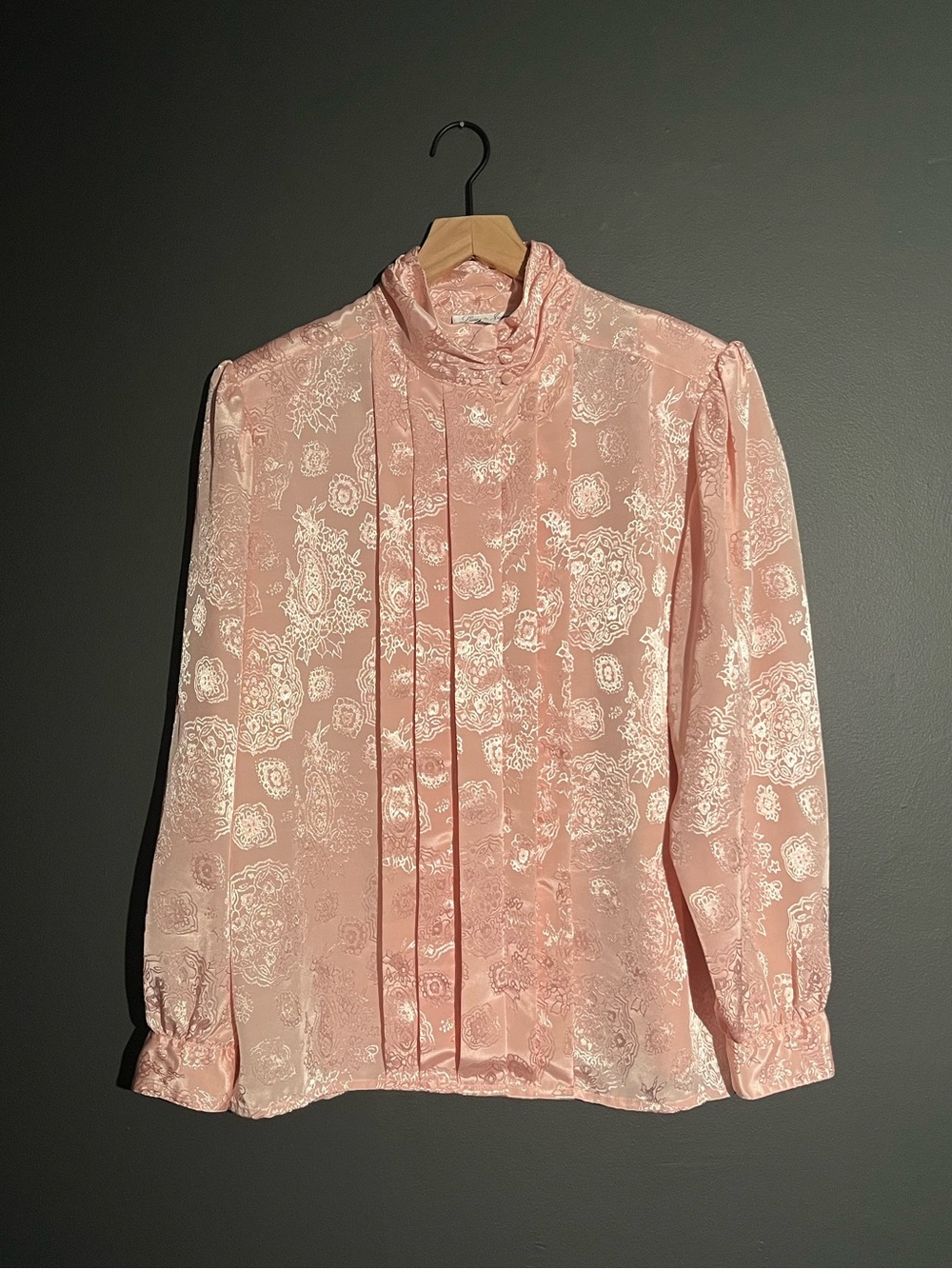 Vintage Coquette Girl Laura & Jayne Pink Jacquard High Neck Blouse Size 16 Large